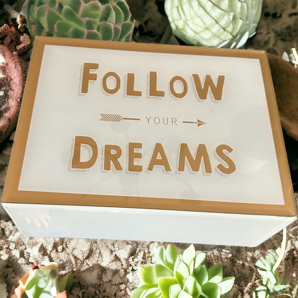 NWOT Follow Your Dreams glass box velvet lined 10” long 8” wide